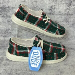 NIB No Lid Hey Dude Wendy Confetti Plaid Cozy Christmas Slip-On Red Green Size 8